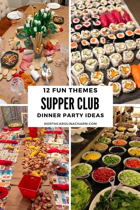 Dinner For Bunco Group, Dinner On The Table, Theme Family Dinner Ideas, Supper Theme Nights, Supper Club Appetizers, Easy Dinner For Friends Parties, Lunch Themes Party, Group Food Themes, Bunco Menu Ideas Dinners