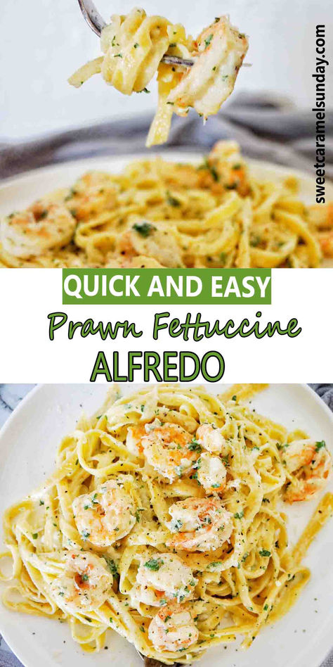 Fork holding prawn pasta above a white plate of the same. There is text written between 2 images. Cooked Prawn Recipes Easy, Prawn Alfredo Pasta, Healthy Prawn Dinner, Prawn Tagliatelle Recipe, Creamy Prawn Pasta Recipe, Prawn Ideas, Prawn Fettucine, Cooked Prawn Recipes, Creamy Prawn Linguine