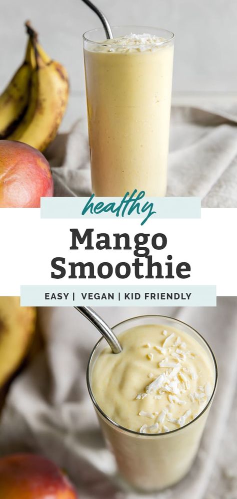 This is the best vegan mango smoothie recipe! It's an easy breakfast for a busy morning on the go or a quick snack for kids. It's simple to make this smoothie with fresh or frozen mangos and a frozen banana to keep it light and healthy. Vegan Mango Smoothie, Easy Mango Smoothie, Healthy Mango Smoothie, Quick Snacks For Kids, Mango Health Benefits, Mango Smoothie Recipe, Mango Banana Smoothie, Mango Smoothie Recipes, Healty Dinner