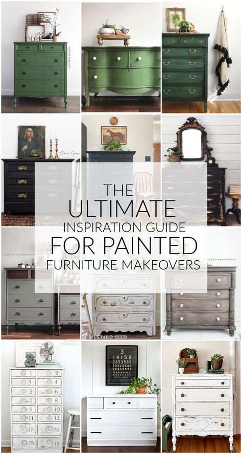 The Ultimate Inspiration Guide For Painted Furniture Makeovers and Ideas. #paintedfurniture #furnituremakeovers #chalkpaint #milkpaint Chalk Painting Furniture Diy, Painted Furniture In Living Room, How To Paint Over Chalk Paint, Diy Furniture Makeover Ideas Paint, Vintage Furniture Paint Colors, Chalk Paint Ideas For Furniture, Repaint Furniture Ideas, Popular Paint Colors For Furniture, Before And After Painted Furniture