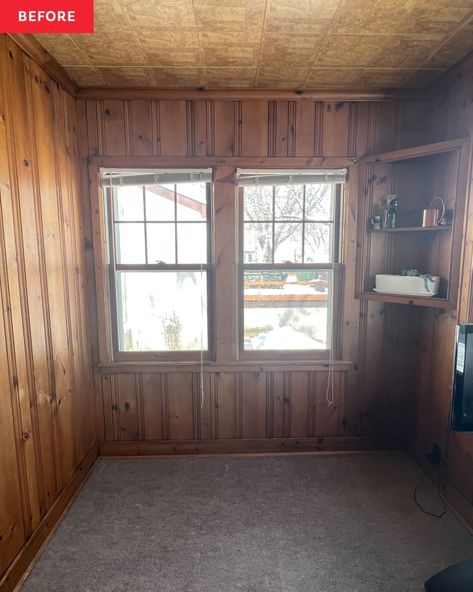 How To Brighten Wood Panel Room, Wood Panel Sunroom Makeover, Sunroom Ideas Wood Paneling, Old Sunroom Makeover, Wood Panel Sunroom, Cozy Sunroom Decorating Ideas, Painted Wood Paneling, Sunroom Library, Wood Paneling Makeover