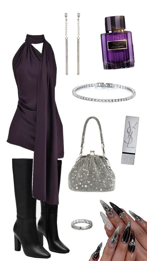 #ootd #outfit #aesthetic #outfitcheck #purple #black #ysl #party #night #club #dress Ysl Party, Party Outfit Night Club Dress, Ysl Outfit, Party Outfit Night Club, Ysl Dress, Dinner Party Outfits, Party Outfits Night, Party Night Club, Night Club Dress