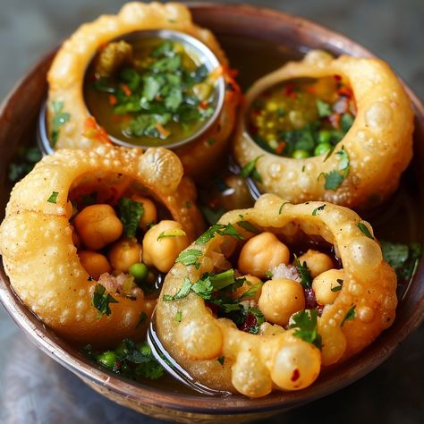 🌶️🌰 Try the tangy and spicy Indian Pani Puri! #PaniPuri #IndianStreetFood Indian Pani Puri Ingredients: Puri (20 pieces) Boiled potatoes (1 cup, mashed) Boiled chickpeas (1/2 cup) Tamarind chutney (1/4 cup) Mint-coriander chutney (1/4 cup) Pani (spicy water) (2 cups) Instructions: Mix mashed potatoes and chickpeas together. Poke a hole in the center of each puri. Fill each puri with the potato-chickpea mixture. Add a small spoonful of tamarind chutney and mint-coriander chutney. Dip the f... Panipuri Photography, Indian Pani Puri, Mumbai Sandwich, Potato Chickpea, Coriander Chutney, Instagram Recipes, Tamarind Chutney, Pani Puri, Baby Snacks