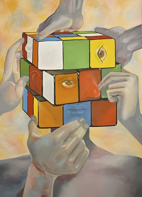 Rubik Cube Art, Rubix Cube Drawing, Rubix Cube Art, Rubiks Cube Art, Trying To Be Perfect, Time Illustration, Surealism Art, Rubix Cube, Surrealism Painting