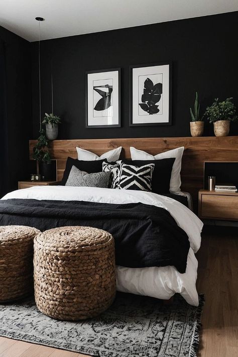 Simple Dark Bedroom Ideas, Black Wall Wood Headboard, Black Bedroom With Wallpaper, Bedroom Wood And Black, Black Decor For Bedroom, Master Bedrooms Decor With Black Bed, Black Feature Wall Bedroom Room Ideas, Black Walls With Curtains, Black And Timber Bedroom