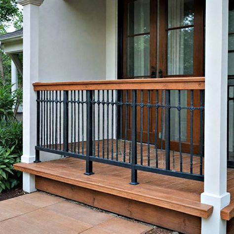 40 Porch Railing Ideas to Transform Outdoor Spaces Front Porch Railing Ideas Wrought Iron And Wood, Cottage Railing Ideas, Black Iron Railing Front Porch, Modern Outdoor Railing Ideas, Black Metal Porch Railing, Black Porch Railing Ideas, Metal Porch Railing Ideas, Outside Railing Ideas, Patio Railing Ideas