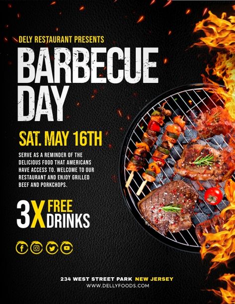 Customize this design with your video, photos and text. Easy to use online tools with thousands of stock photos, clipart and effects. Free downloads, great for printing and sharing online. Flyer (US Letter). Tags: barbecue and grill event flyer poster editable template, barbecue day poster, barbecue day promo, barbecue online social media advertisement post, barbecue promotion discount for restaurant, flyer designs, flyer templates, free flyer templates, free templates for flyers, templates for Cookout Flyer Design, Barbecue Poster Design, Grill Flyer Design, Barbecue Flyer Design, Grill Poster Design, Bbq Poster Design Ideas, Grill Graphic Design, Bbq Poster Design, Promo Flyer Design