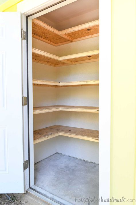 Closet Shelving Ideas Diy Storage, Diy Shelving Unit Storage, Pantry Wooden Shelving Ideas, Hallway Closet Shelves, Diy L Shaped Pantry Shelves, Shelves In Cupboard Storage Ideas, Simple Storage Shelves, Shelves In Storage Room, L Shaped Storage Shelves