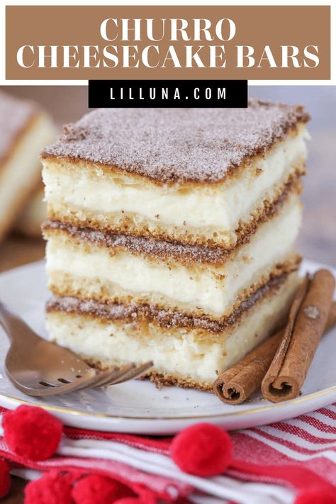 Churro cheesecake bars are the perfect pairing of two dessert favorites for a tasty twist on a Mexican treat. #churro #cheesecake #mexicandessert #churrocheesecakebars Churro Cheesecake Bars, Farmhouse Recipes, Bake Sweets, Mini Cinnamon Rolls, Churro Cheesecake, Mexican Treats, Cheesecake Bar Recipes, Homemade Cheesecake, Mexican Dessert