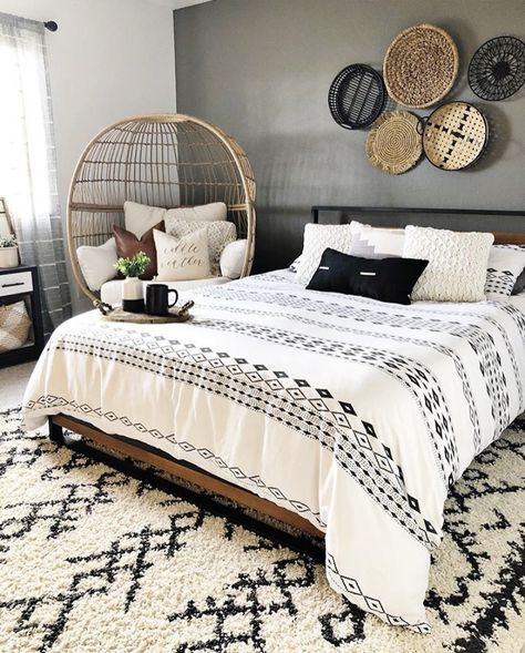 Top 29 Farmhouse Bedroom Ideas – Rustic Charm for Cozy Retreats - placeideal.com Black White And Grey Bedroom Ideas Boho, Black And White Bedroom Ideas Boho, Bedroom Ideas Rustic, Black White And Grey Bedroom, Male Bedroom Ideas, Cozy Textiles, Farmhouse Bedroom Ideas, Guest Bedroom Design, Iron Bed Frame