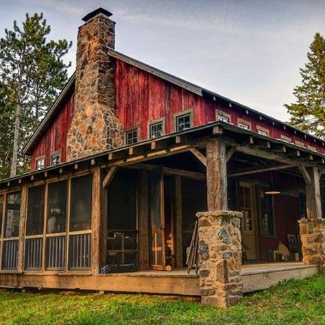 Cabin With Wrap Around Porch, Rustic Cabin Plans, Rustic Barn Homes, Red Cabin, Timber Frame Barn, Rustic Homes, Small Log Cabin, Rustic Porch, Barn Homes