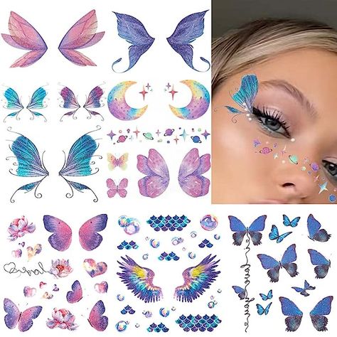 Makeup With Temporary Tattoo, Butterfly Face Stickers, Temporary Tattoo Butterfly, Butterfly Makeup Tattoo, Eye Makeup Stickers, Temporary Tattoo Eye Makeup, Butterfly Sticker Makeup, Coldplay Concert Nails, Butterfly Makeup For Kids