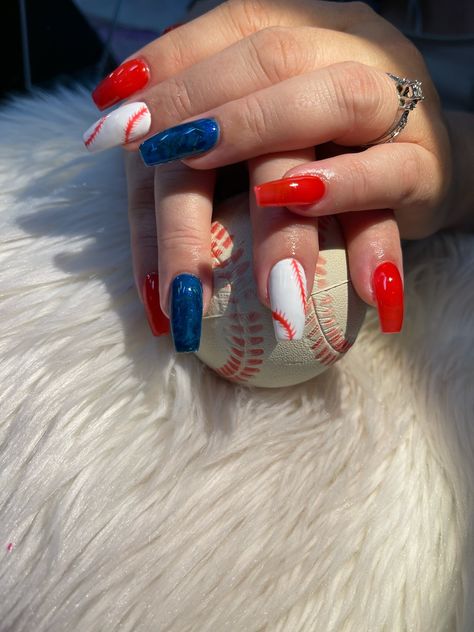 Braves Nail Designs, Braves Nails Atlanta, Baseball Nail Art Designs, Baseball Acrylic Nails, Baseball Nails Acrylic, Phillies Nails, Atlanta Falcons Nails, Atlanta Braves Nails, Baseball Themed Nails