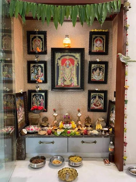 Temple Designs For Home Indian, Indian Gods Room Ideas, South Indian Pooja Room, South Indian Pooja Room Design, Small Pooja Room Ideas, Home Temple Ideas Puja Room, Pooja Room Ideas Indian, Pooja Room Decor, Pooja Unit