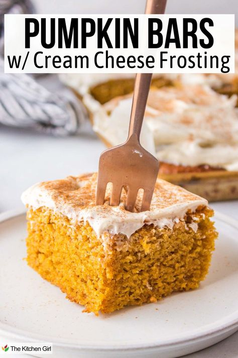 Fork is inserted into pumpkin bar on white plate. Title: Pumpkin Bars w/ Cream Cheese Frosting. Pumpkin Bar Cupcakes, Pie, Pumpkin Bars Jelly Roll Pan, Pumpkin Roll Bars Recipe, Betty Crocker Pumpkin Bars, Pumpkin Bars With Cream Cheese Icing, Pumpkin Cream Cheese Blondies, Sheet Pan Pumpkin Bars With Cream Cheese Frosting, Pumpkin Bars With Cream Cheese Frosting Easy