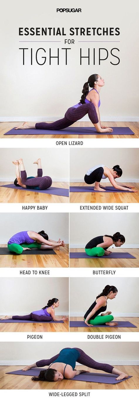 For opening up your hips. | Sitting at work, sitting in the car, sitting on the couch. We sit a lot. And tight hips are the scourge of sitters. Learn these basic (but brilliant) poses from PopSugar to open your hips and stretch you out. Membakar Lemak Perut, Bolesti Chrbta, Ashtanga Vinyasa Yoga, Quick Workouts, Body Transformations, Hip Flexor Stretch, Beginner Yoga, Trening Fitness, Exercise Routines