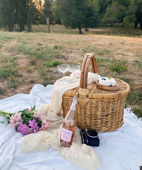 Picnic for two wine flowers wicker basket Polaroid photos blanket charcuterie Picnic Photoshoot Props, Picnic Basket Flowers, Simple Proposal Set Up, Cottage Core Photoshoot, Flower Picnic, Cake Picnic, Wine And Flowers, Picnic Photos, Picnic Shoot