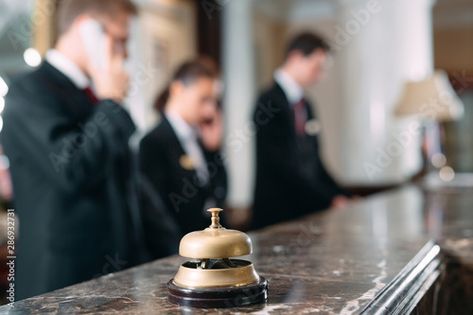 Stock Image: Hotel service bell Concept hotel, travel, room,Modern luxury hotel reception counter desk on background. Concept Hotel, Historical House, Reception Desk Counter, Travel Room, Hotel Jobs, Counter Desk, Hotel Marketing, Reception Counter, Hotel Reception