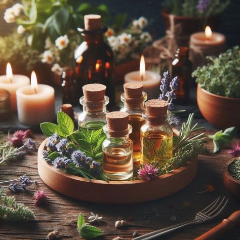 Essential oil bottles on a tray table with flowers and herbs surrounded around them. Holistic Hair Care, Essential Oil Aesthetic, Aromatherapy Aesthetic, Essential Oils Aesthetic, Scalp Spa, Herbal Therapy, Turmeric Oil, Holistic Skin Care, Essential Oils Collection