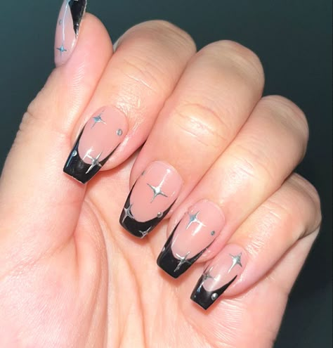 Black Nail Star Designs, Black With Silver Stars Nails, Black Tips With Stars Nails, Black Acrylic Nails With Stars, White French Tips With Black Stars, Black Star French Tip Nails, Black Tips Nail Designs, Black French With Diamonds, Black French Tip Nails With Sparkle