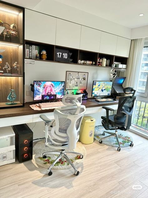 2 Person Gaming Desk Setup, His And Hers Battlestations, Couple Gaming Desk Setup, His And Hers Computer Setup, Couples Study Room, 2 Person Desk Setup, Couple Office Room, 2 Person Gaming Setup, His And Her Office Space Home Couple