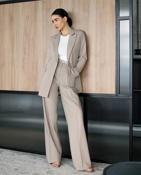 Designer Two Piece Beige Suit -Single Breasted Blazer -Wide Leg Pants -Fabric: polished tiara #beigesuit #twopiecesuit #promsuit #weddingguestsuit #suit Women Blazer Outfit Formal, Blazer Outfit Formal, Women Blazer Outfit, Wedding Guest Suits, Beige Suit, Stylish Inspiration, Suits Formal, Office Clothes, Blazer Outfits For Women