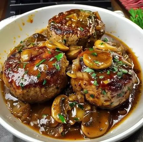 Bobby Flay Salisbury Steak – Naomi's Recipes Bobby Flay's Salisbury Steak, Bobby Flay Salisbury Steak Recipe, Bobby Flay Salisbury Steak, Salisbury Steak Recipe Crockpot, Meat Based Meals, Recipes For Beef, Ground Beef Patties, Dinner Ground Beef, Chef Bobby Flay