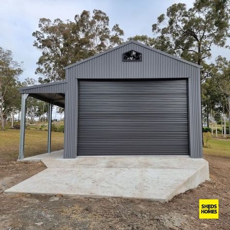 Scandi Backyard, Colorbond Shed, Colorbond Garage, Colorbond Basalt, Shed Paint Colours, Acerage Homes, Metal Shop Building, Plan Garage, Backyard Garage