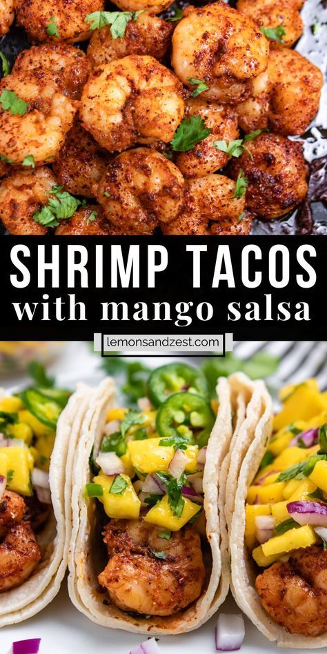 Pan-Fried Spicy Shrimp Tacos with Mango Salsa are so simple and delicious. A simple marinade with the spice level you choose and then topped with a zesty mango salsa for the perfect Taco Tuesday combo! (Or any day of the week, right?) Shrimp cooks up in under ten minutes so you have a simple and super quick dinner ready in no time! Shrimp Tacos Spicy, Simple Seafood Dinner, Shrimp Mango Salsa Recipe, Grilled Shrimp With Mango Salsa, Healthy Shrimp Tacos Recipes, Shrimp Tacos Marinade, Mango Shrimp Recipes, Healthy Shrimp Taco Recipes, Mango Salsa Shrimp Tacos