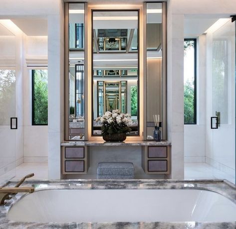 Panelled Bathroom, Luxury Makeup Vanity, Paris Apartment Interiors, Dresser Unit, British Bathroom, Timeless Interior Design, Glass Pavilion, Bathroom Luxury, Doors And Floors