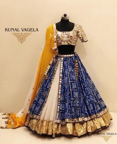 White Blue Bandhani Mirror Work Lehenga. #Frugal2Fab Bandhani Lehenga, Choli Blouse Design, Garba Dress, Mirror Work Lehenga, Choli Dress, Navratri Dress, Bandhani Dress, Indian Lehenga Choli, Indian Outfits Lehenga