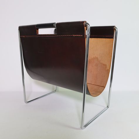 Listed on VNTG.com: Thick black leather magazine rack by Brabantia, 1960s | #vntg #vintage Leather Magazine Rack, Vintage Magazine Rack, Metal Magazine, Magazine Holders, Saddle Leather, Vintage Magazine, Canterbury, Coffee And End Tables, Wooden Handles