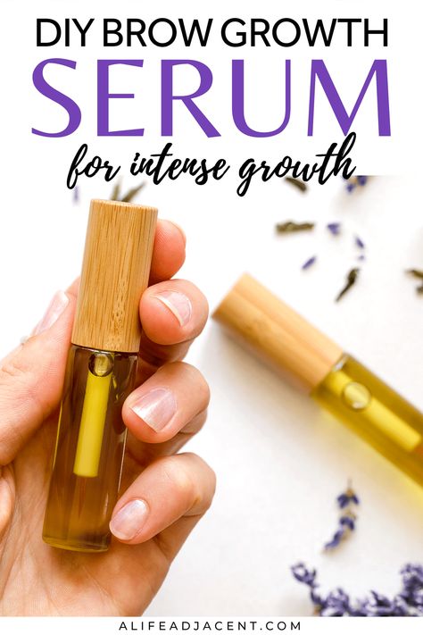 Natural homemade brow growth serum in a glass tube with bamboo lid. Text overlay: DIY eyebrow growth serum for intense growth. Diy Eyebrow Growth Serum, Homemade Lash Serum, Eyebrow Growth Remedies, Eyebrow Oil, Regrow Eyebrows, Eyelash Growth Diy, Eyebrow Growth Oil, Diy Eyebrow, Diy Eyelash Growth Serum