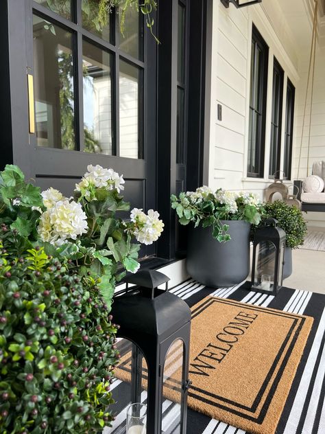 HOXCIK Black and White Outdoor … curated on LTK Front Door Decor Black And White, Entrance Pots Front Entry, Black And White Back Porch Ideas, Black And White Porch Decor, Black And White Front Porch Decor, White House Black Porch, Entrance Plants Outdoor, Black And White Porch Ideas, Black White Porch