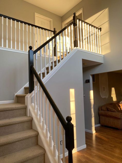 Dark Gray Stair Railing, Tricorn Black Stair Railing, Painting Stair Railings Black, Black Handrails For Stairs, Railing Redo, Stair Colors, Staircase Paint, Townhome Renovation, Updated Traditional Home