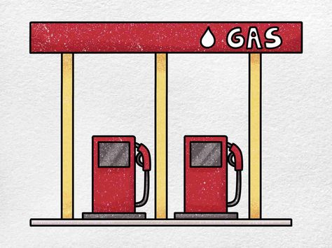 How to Draw a Gas Station - HelloArtsy Fuel Drawing, Gas Station Drawing, Gas Station Illustration, Station Drawing, How To Draw Painting, Gasoline Station, Draw Water, Petrol Pump, Study Apps