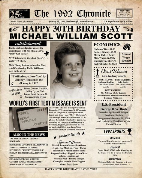 Personalized 1992 30th Birthday Back in 1992 30th Birthday | Etsy Back In 1993 Birthday, Back In 1992 Poster, 1992 Birthday, Husband 30th Birthday, Back In 1992, Birthday Newspaper, Sir Mix A Lot, Newspaper Poster, History Of Television