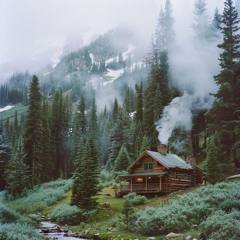 Serene wooden cabin in a pine forest with misty mountains in the background, creating a tranquil atmosphere - perfect nature escape Small Home In The Woods, Mountain Lake Cabin, Outdoors Moodboard, Summer Camp Cabins, Pacific Northwest House, Cabin By Lake, Cabin In The Woods Aesthetic, Snowy Log Cabin, Cabin In The Forest