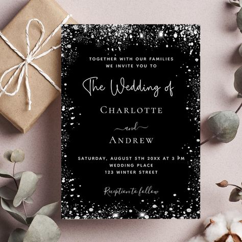 Black White And Silver Wedding, Winter Wedding Black, Black Silver Wedding, Silver Glitter Wedding Invitations, Wedding Black And White, Budget Wedding Invitations, Black And White Wedding Invitations, Glitter Wedding Invitations, White Wedding Invitations