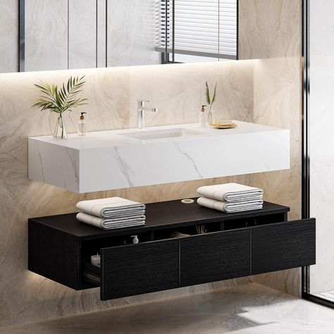 PRICES MAY VARY. Sintered Stone Panel & Ceramic Material: This wall mounted bathroom vanity is topped with a 200mm thick rock countertop with an elegant marble pattern, while being smooth and scratch resistant. It is equipped with a 6.7 inch deep self-cleaning glazed ceramic sink, placing water splashes and easy to clean. Separate Wall-mounted Design: Unlike one-piece floor-mounted bathroom cabinets, our floating bathroom vanity features a separate ceramic countertop with sink and a separate, fu Overmount Bathroom Sink, 48" Bathroom Vanity Ideas, Bathroom Sink And Vanity Combo, Live Edge Vanity Top Bathroom, Floating Vanity Powder Room, Rock Countertop, Floating Vanity Bathroom, 48 Vanity, Wooden Bathroom Vanity