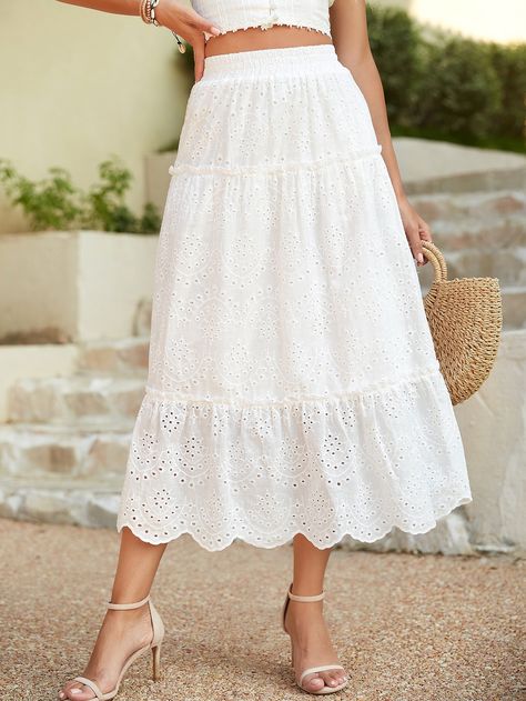 White Boho   Polyester Plain Layered/Tiered Embellished Non-Stretch Spring/Summer/Fall Women Bottoms White Broderie Skirt Outfit, Embroidery Skirt Outfit, White Skirt Winter, White Summer Skirt, White Boho Skirt, Ruffle Skirt Outfit, White Skirt Summer, White Eyelet Skirt, Stile Boho Chic