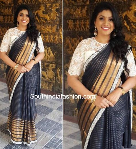 Roja in Bhargavi Kunam Saree Blouse For Fat Arms, Boat Neck Saree Blouse, Bhargavi Kunam, Fat Arms, Saree Jacket, Big Arms, Lehenga Style Saree, Netted Blouse Designs, Saree Painting Designs