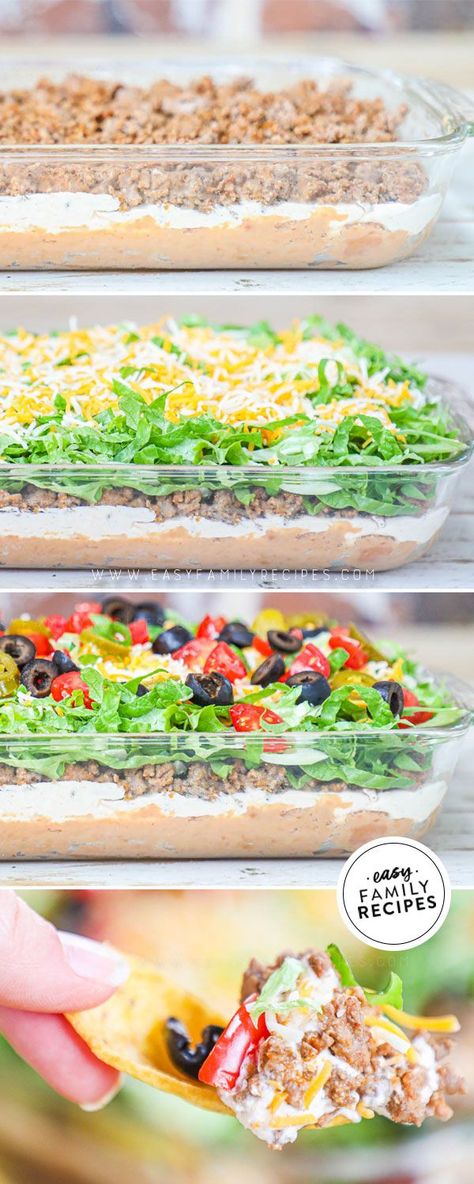 Taco Dip With Meat, Taco Dip Easy, Appetizers Easy Dips, Taco Dip Recipe, Layered Taco Dip, Frijoles Refritos, Taco Dip, Meat Appetizers, Dip Recipes Easy