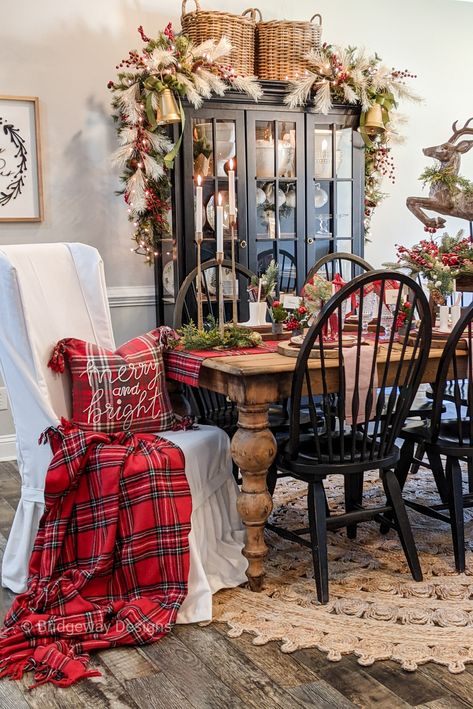 Love this cozy, festive holiday table set with favorite finds found in our holiday-influenced collection, A MERRY PLAID BRUNCH. So festive, so pretty!⁠ #homedecor #christmasdecor Top Of Hutch Christmas Decor, Farmhouse Christmas Dining Table Decor, Christmas Dining Room Ideas, Christmas Kitchen Table Decor, Christmas Terrace, Dining Table Christmas Decor, Christmas Chairs, Christian Decorations, Christmas Tables