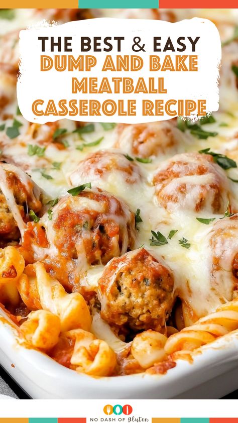 This Dump and Bake Meatball Casserole is the ultimate weeknight dinner! With just a few simple ingredients and no need to pre-cook the pasta, you can have a delicious, comforting meal on the table in 45 minutes. Perfect for busy nights, this dish is loaded with tender meatballs, hearty pasta, and gooey cheese. Pin this recipe now and treat your family to an easy, satisfying dinner! Click through for the full recipe! Dump And Bake Meatball Casserole Recipe, Meatball Noodle Bake, Spaghetti And Meatballs Bake, Dump And Bake Pasta And Meatballs, Pasta Meatball Casserole, Spaghetti Meatball Bake, Pasta And Meatball Bake, Pasta Meatball Bake, Easy Party Casseroles