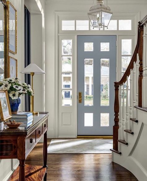 Emslifeandloves Door Color Ideas, Lantern Ceiling, Traditional Entryway, Houston Interior Designers, Grey House, Grey Houses, Southern Home, Blue Door, Coral Gables