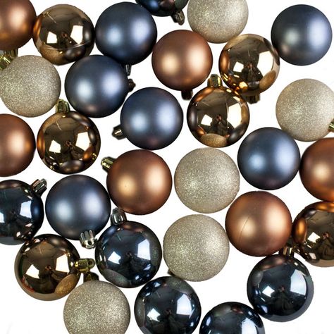 Copper, Blue, Gold & Pewter Assorted Shatterproof Baubles - 30 x 60mm - Christmas Time UK Blue And Amber Christmas Tree, Navy Bronze Christmas Tree, Blue Copper And Gold Christmas Tree, Christmas Blue And Gold Decorations, Blue Gold White Christmas Decor, Copper Blue Christmas Tree, Blue And Rust Christmas Decor, Christmas Decor Colour Schemes, Blue And Gold Xmas Tree