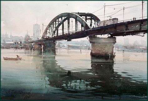 Dusan Djukaric, Old Sava Bridge, watercolor, 36x52 cm Dusan Djukaric, Watercolor Scenery, Watercolor City, Watercolor Architecture, Watercolour Inspiration, Watercolor Landscape Paintings, Watercolor Artists, International Artist, Gouache Painting