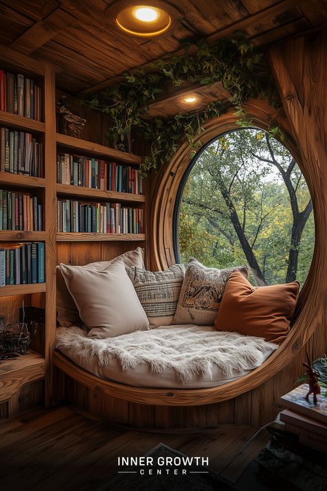 Cozy wooden reading nook with circular window overlooking trees, surrounded by bookshelves and adorned with plants. Reading Nook Couch, Sacred Spaces At Home, Home Reading Area, Cosy Home Exterior, Reading Nook Design Ideas, Outdoor Book Nook, Dream Reading Nook, Reading Nook Built In Wall, Reading Nook Design