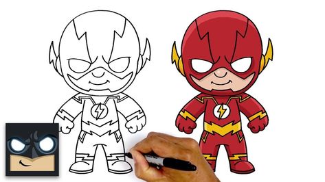 The Flash Cartoon Drawing, Flash Drawing Easy, Flash Chibi, The Flash Cartoon, The Flash Justice League, Flash Cartoon, Flash Sketch, Girls Painting, Justice League Characters